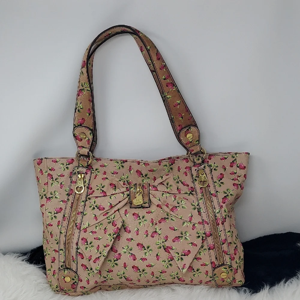 Betsey Johnson Beige Floral Tote with Pink Roses and Green Leaves